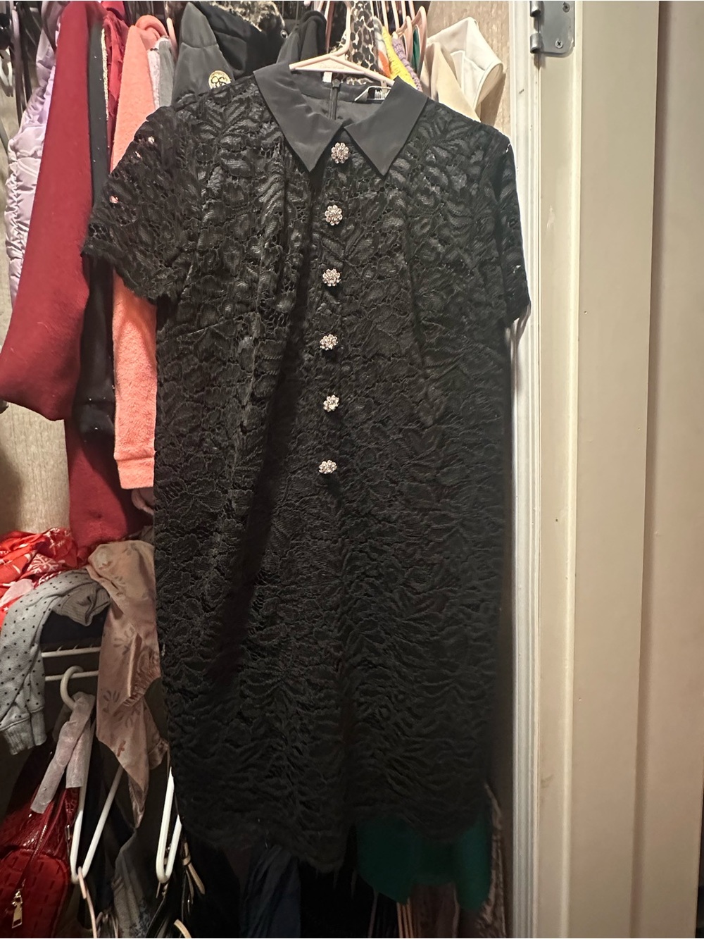 Trina Turk Black Lace Mini Dress with Decorative Jewel Buttons